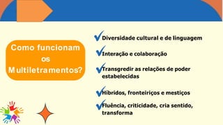 Diversidade cultural e de linguagem
Como funcionam
os
Multiletramentos?
Interação e colaboração
Transgredir as relações de poder
estabelecidas
Híbridos, fronteiriços e mestiços
Fluência, criticidade, cria sentido,
transforma
 