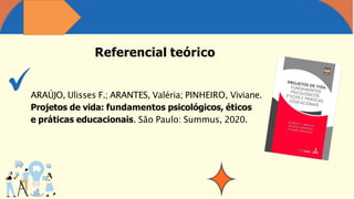 ARAÚJO, Ulisses F.; ARANTES, Valéria; PINHEIRO, Viviane.
Projetos de vida: fundamentos psicológicos, éticos
e práticas educacionais. São Paulo: Summus, 2020.
Referencial teórico
 
