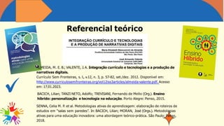 Referencial teórico
ALMEIDA, M. E. B.; VALENTE, J. A. Integração currículo e tecnologias e a produção de
narrativas digitais.
Currículo Sem Fronteiras, s. l., v.12, n. 3, p. 57-82, set./dez. 2012. Disponível em:
http://www.curriculosemfronteiras.org/vol12iss3articles/almeida-valente.pdf. Acesso
em: 17.01.2023.
BACICH, Lilian; TANZI NETO, Adolfo; TREVISANI, Fernando de Mello (Org.). Ensino
híbrido: personalização e tecnologia na educação. Porto Alegre: Penso, 2015.
SENNA, Celia M. P. et al. Metodologias ativas de aprendizagem: elaboração de roteiros de
estudos em “salas sem paredes”. In: BACICH, Lilian; MORAN, José (Orgs.). Metodologias
ativas para uma educação inovadora: uma abordagem teórico-prática. São Paulo: Penso,
2018.
 