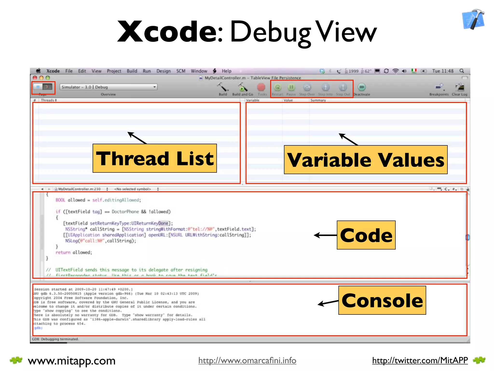 Xcode: Debug View



          Thread List                       Variable Values


                                                  Code


                                                  Console

www.mitapp.com        http://www.omarcaﬁni.info     http://twitter.com/MitAPP
 