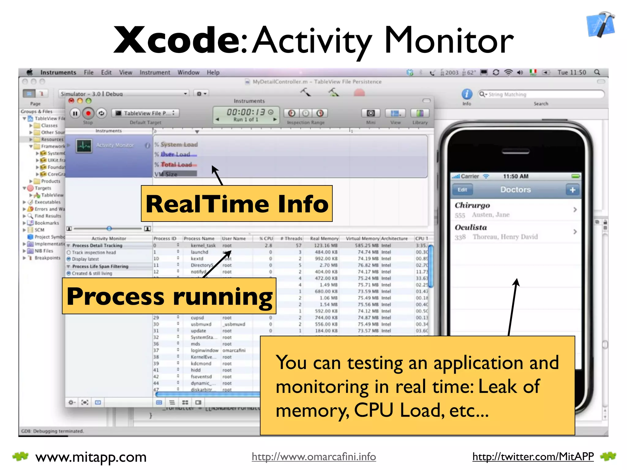 Xcode: Activity Monitor



             RealTime Info


   Process running

                        You can testing an application and
                        monitoring in real time: Leak of
                        memory, CPU Load, etc...

www.mitapp.com      http://www.omarcaﬁni.info   http://twitter.com/MitAPP
 