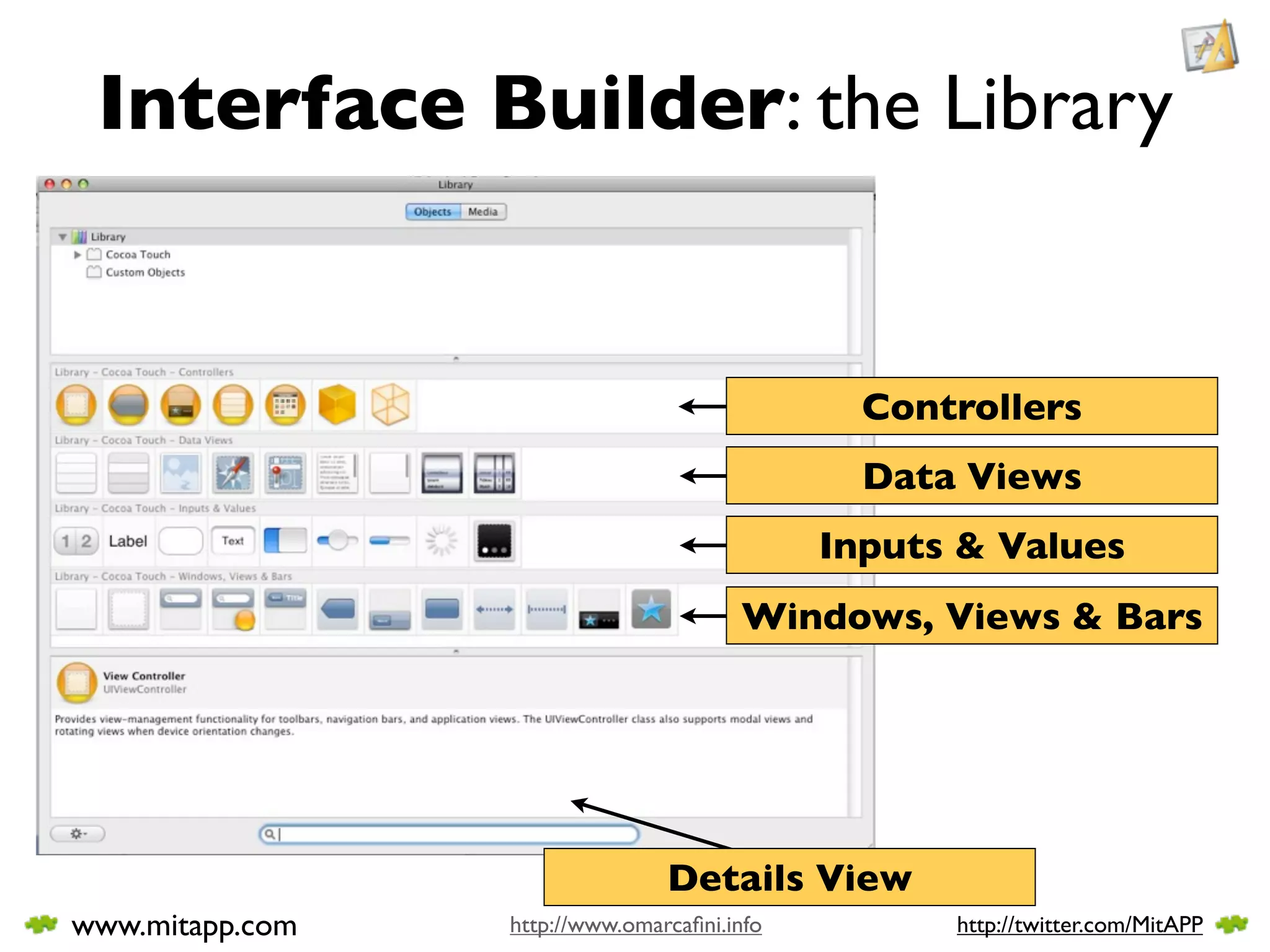 Interface Builder: the Library


                                               Controllers
                                               Data Views
                                             Inputs & Values
                                       Windows, Views & Bars




                                Details View
www.mitapp.com   http://www.omarcaﬁni.info         http://twitter.com/MitAPP
 