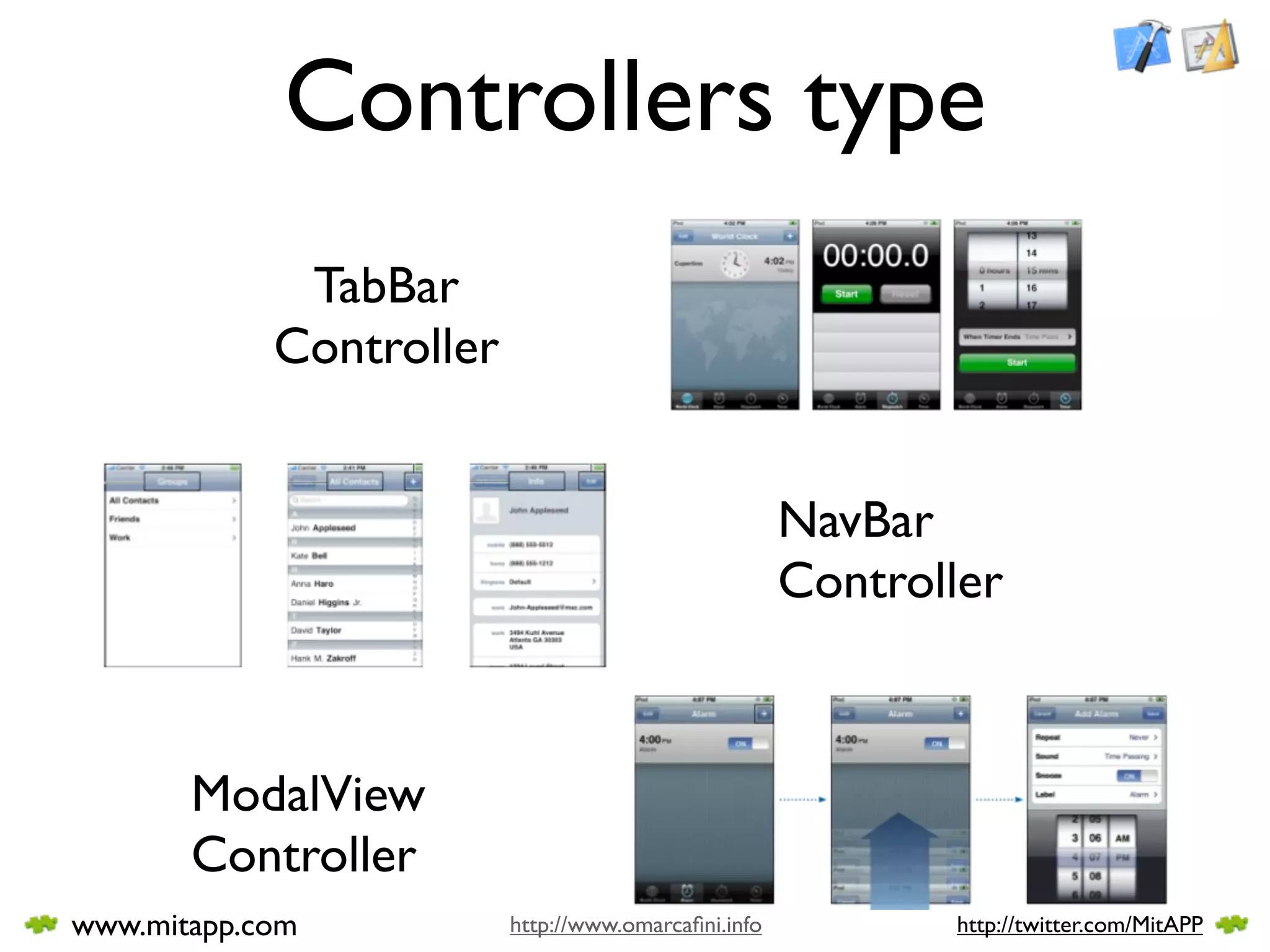 Controllers type
             TabBar
            Controller


                                                     NavBar
                                                     Controller



       ModalView
       Controller
www.mitapp.com           http://www.omarcaﬁni.info          http://twitter.com/MitAPP
 