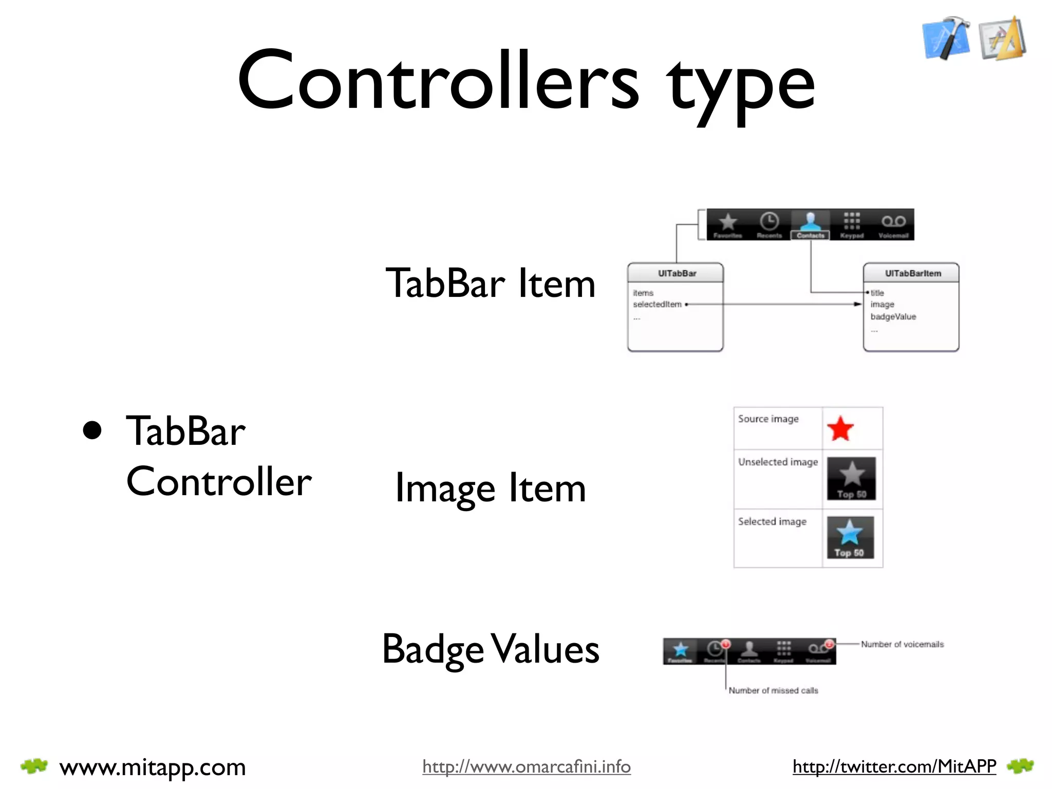 Controllers type

                 TabBar Item


 • TabBar
    Controller   Image Item


                 Badge Values

www.mitapp.com     http://www.omarcaﬁni.info   http://twitter.com/MitAPP
 