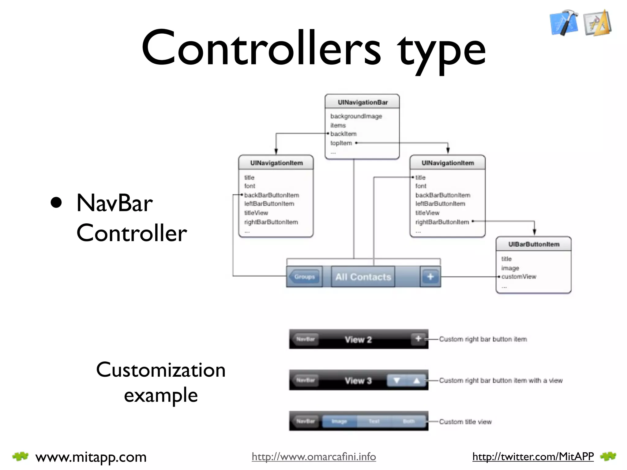 Controllers type

 • NavBar
     Controller




       Customization
         example

www.mitapp.com         http://www.omarcaﬁni.info   http://twitter.com/MitAPP
 