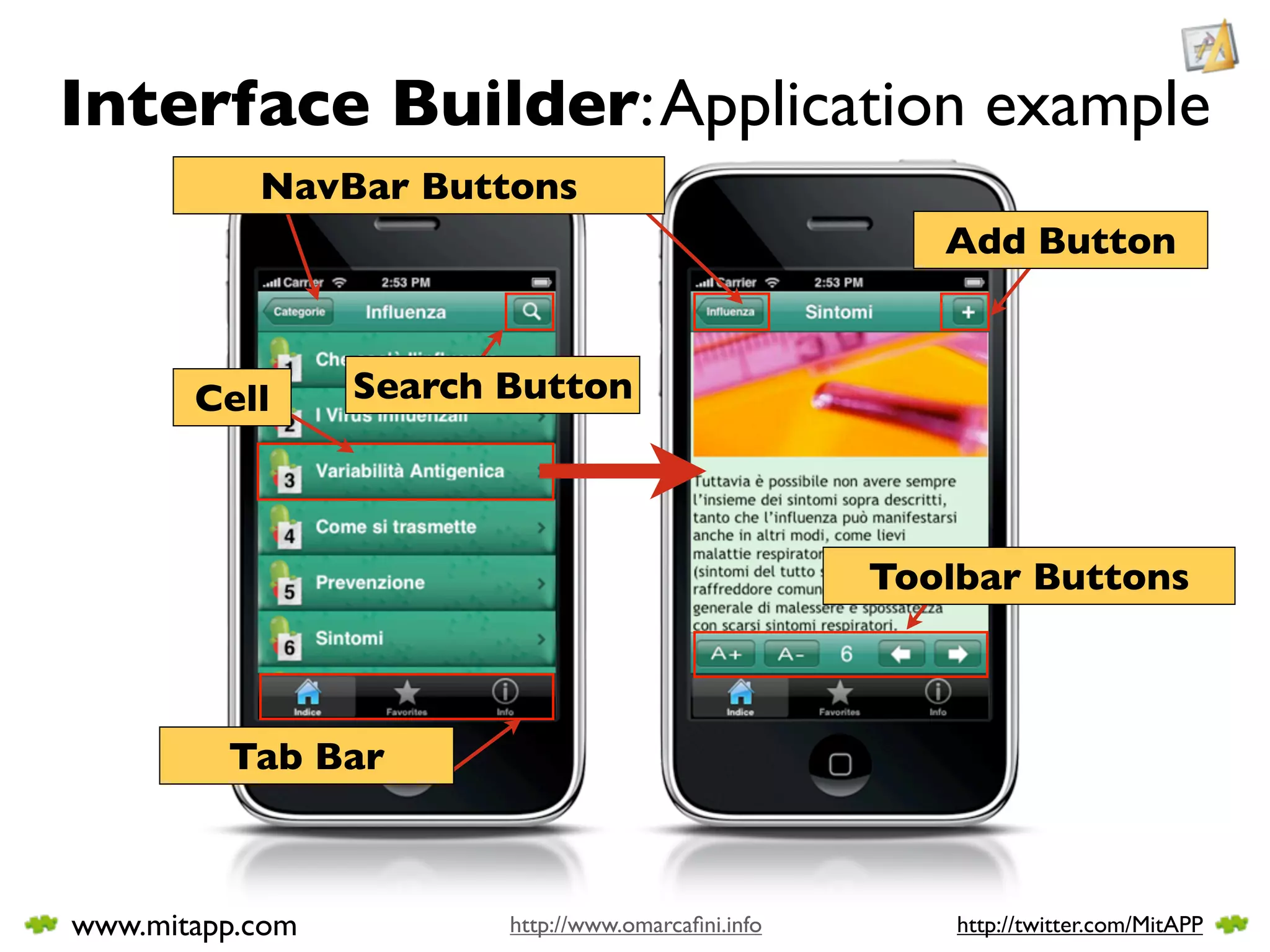 Interface Builder: Application example
           NavBar Buttons
                                                       Add Button



       Cell      Search Button



                                                    Toolbar Buttons



         Tab Bar



www.mitapp.com          http://www.omarcaﬁni.info       http://twitter.com/MitAPP
 