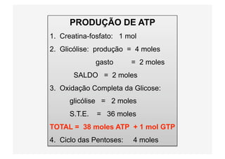 PRODUÇÃO DE ATP
1. Creatina-fosfato: 1 mol
2. Glicólise: produção = 4 moles
gasto = 2 moles
SALDO = 2 moles
3. Oxidação Completa da Glicose:
glicólise = 2 moles
S.T.E. = 36 moles
TOTAL = 38 moles ATP + 1 mol GTP
4. Ciclo das Pentoses: 4 moles
 