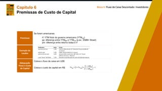 Capítulo 6
Premissas de Custo de Capital
Bloco II: Fluxo de Caixa Descontado: Investidores
Exemplo de
Laudos
Premissas
Se forem americanas:
rf: YTM título do governo americano (YTMUS)
pp: diferença entre YTMBR e YTMUS (p.ex.: EMBI+ Brasil)
pm: diferença entre retorno bolsa e rf
Adequação
Fluxo x Custo
de Capital
Coloca o fluxo de caixa em US$
Coloca o custo de capital em R$:
 