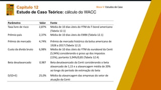 Capítulo 12
Estudo de Caso Teórico: cálculo do WACC
Bloco V: Estudos de Caso
Parâmetro Valor Fonte
Taxa livre de risco 2,87% Média de 10 dias úteis do YTM do T-bond americano
(Tabela 12.1)
Prêmio-país 2,37% Média de 10 dias úteis do EMBI (Tabela 12.1)
Prêmio de mercado 4,74% Prêmio de mercado histórico da bolsa americana de
1928 a 2017 (Tabela 12.2)
Custo da dívida bruto 6,98% Média de 10 dias úteis do YTM do eurobond da Centi
(5,94%) considerando o gross up dos impostos
(15%), portanto 5,94%/0,85 (Tabela 12.4)
Beta desalavancado 0,987 Beta desalavancado da Centi considerando o beta
alavancado de 1,15 e a alavancagem média de 20%
ao longo do período de estimação do beta
D/(D+E) 25,0% Média da alavancagem das empresas do setor de
atuação da Centi
 