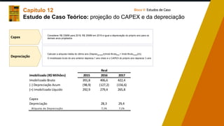 Capítulo 12
Estudo de Caso Teórico: projeção do CAPEX e da depreciação
Depreciação
 Calcular a alíquota média do último ano (Deprecperíodo/((Imob Brutofinal + Imob Brutoinicial)/2))
 O imobilizado bruto do ano anterior deprecia 1 ano cheio e o CAPEX do próprio ano deprecia ½ ano
Capex
 Considerar R$ 33MM para 2018, R$ 35MM em 2019 e igual a depreciação do próprio ano para os
demais anos projetados
Imobilizado (R$ Milhões) 2015 2016 2017
Imobilizado Bruto 391,8 406,6 422,4
(-) Depreciação Acum (98,9) (127,2) (156,6)
(=) Imobilizado Líquido 292,9 279,4 265,8
Capex
Depreciação 28,3 29,4
Alíquota de Depreciação 7,1% 7,1%
Real
Bloco V: Estudos de Caso
 