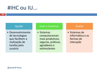 #IHC ou IU...
26
@JanairaFranca
Ajudar
• Desenvolvimento
de tecnologias
que facilitem a
realização de
tarefas pelo
usuário
Usar e Construir
• Sistemas
computacionais
mais produtivos,
seguros, práticos,
agradáveis e
estimulantes
Avaliar
• Sistemas de
informática e as
formas de
interação
 