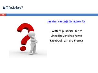 58
#Dúvidas?
janaira.franca@terra.com.br
Twitter: @JanairaFranca
Linkedin: Janaira França
Facebook: Janaira França
 
