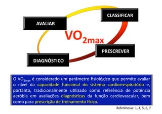 CLASSIFICAR 
            AVALIAR 

                           VO2max 
                                               PRESCREVER 
          DIAGNÓSTICO 


O VO2max é considerado um parâmetro ﬁsiológico que permite avaliar 
o  nível  da  capacidade  funcional  do  sistema  cardiorrespiratório  e, 
portanto,  tradicionalmente  uNlizado  como  referência  de  potência 
aeróbia  em  avaliações  diagnósNcas  da  função  cardiovascular,  bem 
como para prescrição de treinamento Xsico. 
                                                       Referências: 1, 4, 5, 6, 7  
 