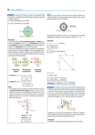 88    PARTE I – CINEMÁTICA



86 E.R. (Fuvest-SP) Um disco rola sobre uma super fície plana,            87 Um carro trafega a 100 km/h sobre uma rodovia retilínea e ho-
 sem deslizar. A velocidade do centro O é v0 . Em relação ao plano de   rizontal. Na figura, está representada uma das rodas do carro, na qual
 rolagem, responda:                                                     estão destacados três pontos: A, B e C.
 a) qual é a velocidade vB do ponto B?
                                                                                                          A
 b) qual é a velocidade vA do ponto A?
                                         A                                                                           C   100 km/h



                      v0                     0                                                            B


                                                                        Desprezando derrapagens, calcule as intensidades das velocidades
                                         B                              de A, B e C em relação à rodovia. Adote nos cálculos 2 Ӎ 1,4.
 Resolução:
                                                                        Resolução:
 Os pontos A e B têm dois movimentos parciais: o relativo, pro-
 vocado pela rotação do disco, e o de arrastamento, provocado           vA = 2vcarro ⇒ vA = 2 · 100 km/h
 pela translação. O movimento resultante, observado do plano de
 rolagem, é a composição desses movimentos parciais.                      vA = 200 km/h
 Como não há deslizamento da roda, a velocidade do ponto B, em
 relação ao plano de rolagem, é nula. Por isso, as velocidades desse
                                                                          vB = 0     (não há derrapagens.)
 ponto, devidas aos movimentos relativo e de arrastamento, devem
 ter mesmo módulo, mesma direção e sentidos opostos, como está                                                varr
 representado nas figuras abaixo:
          v0 A                v0 A                    2v0 A

                               v0                          v0
                O                        O                      O                              vrel


              B –v0            v0 B                             B

         Movimento           Movimento de                 Movimento                                                            vC
          relativo           arrastamento                 resultante
                                                                        v 2 = v2 + v2
                                                                          C    rel  arr

 a) Ponto B: vB = vrel + varr ⇒ vB = – v0 + v0                          v2 = (100)2 + (100)2
                                                                         C


                                 vB = 0                                  vC = 100 2 km/h Ӎ 140 km/h
 b) Ponto A: vA = vrel + varr ⇒ vA = v0 + v0
                                                                         Respostas: vA = 200 km/h, vB = 0 e vC = 140 km/h
                                 vA = 2 v0
 Nota:                                                                   88 E.R. Considere uma pessoa que tem entre as palmas de suas
 • Em situações como essa, podemos raciocinar também em termos
                                                                          mãos um cilindro de eixo C horizontal. Admita que em determinado
   do centro instantâneo de rotação (CIR) que, no caso, é o pon-
                                                                          instante as mãos da pessoa estejam dotadas de movimentos verti-
   to B. Tudo se passa como se A e B pertencessem a uma “barra
                                                                          cais, com a mão esquerda (mão A) descendo, com velocidade de
   rígida”, de comprimento igual ao diâmetro do disco, articulada
                                                                          intensidade 8,0 cm/s, e a mão direita (mão B) subindo, com veloci-
   em B. Essa barra teria, no instante considerado, velocidade an-
                                                                          dade de intensidade 12 cm/s, conforme representa o esquema.
   gular ω, de modo que:
                                         ω
                        vA               A                                                            A
                                                                                                              C
                                             R                                                                           B
                                    v0
                                             O
                                             R

                                      B          vB = 0
                                    (CIR)                                 Supondo que não haja escorregamento do cilindro em relação às
                                                                          mãos, determine no instante considerado as características (intensi-
                           Ponto A: vA = ω 2R
                                                                          dade, direção e sentido) da velocidade do eixo C.
                           Ponto O: v0 = ω R
                                                                          Resolução:
                                vA = 2v0
                                                                          Analisemos os efeitos parciais que cada mão provoca no cilindro.
 