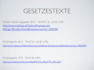 GESETZESTEXTE
Parteien-Förderungsgesetz 2012 – PartFörG §1 und §2 (URL:
https://www.ris.bka.gv.at/GeltendeFassung.wxe?
Abfrage=Bundesnormen&Gesetzesnummer=2000789)
Parteiengesetz 2012 – PartG §3 und §4 (URL:
https://www.ris.bka.gv.at/GeltendeFassung.wxe?Abfrage=Bundesnormen&Gesetzesnummer=20007889)
Parteiengesetz 1975 - PartG §4 (URL:
https://www.ris.bka.gv.at/Dokumente/BgblPdf/1975_404_0/1975_404_0.pdf )
 