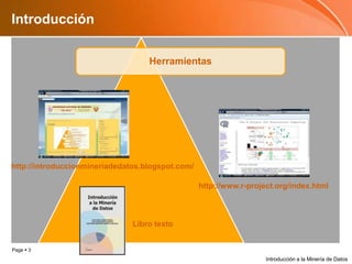 Introducciónhttp://introduccionmineriadedatos.blogspot.com/http://www.r-project.org/index.htmlLibro textoIntroducción a la Minería de Datos
