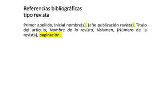 Referencias bibliográficas
tipo revista
Primer apellido, Inicial nombre(s). (año publicación revista). Título
del artículo, Nombre de la revista, Volumen, (Número de la
revista), paginación.
 