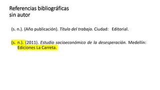 Referencias bibliográficas
sin autor
(s. n.). (Año publicación). Título del trabajo. Ciudad: Editorial.
(s. n.). (2011). Estudio socioeconómico de la desesperación. Medellín:
Ediciones La Carreta.
 