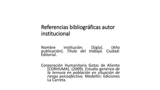 Referencias bibliográficas autor
institucional
Nombre institución. [Sigla]. (Año
publicación). Título del trabajo. Ciudad:
Editorial.
Corporación Humanitaria Gotas de Aliento
[CORHUMA]. (2009). Estudio genérico de
la ternura en población en situación de
riesgo psicoafectivo. Medellín: Ediciones
La Carreta.
 