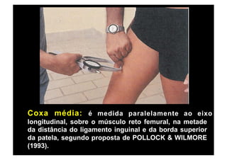 Coxa média: é medida paralelamente ao eixo
longitudinal, sobre o músculo reto femural, na metade
da distância do ligamento inguinal e da borda superior
da patela, segundo proposta de POLLOCK & WILMORE
(1993).
 
