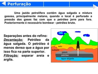 Perfuração Uma jazida petrolífera contém água salgada e mistura gasosa, principalmente metano, quando o local é perfurado a pressão dos gases faz com que o petróleo jorre para fora. Posteriormente é necessário bombear - petróleo bruto. Separações antes do refino: Decantação:  Petróleo da água salgada. O petróleo é menos denso que a água por isso fica na parte superior. Filtração:  separar areia e argila.  