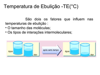 Temperatura de Ebulição -TE(°C) São dois os fatores que influem nas temperaturas de ebulição : O tamanho das moléculas; Os tipos de interações intermoleculares; 