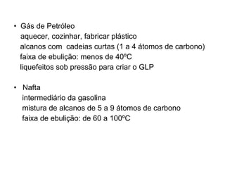 Gás de Petróleo aquecer, cozinhar, fabricar plástico alcanos com  cadeias curtas (1 a 4 átomos de carbono) faixa de ebulição: menos de 40ºC liquefeitos sob pressão para criar o GLP Nafta intermediário da gasolina mistura de alcanos de 5 a 9 átomos de carbono faixa de ebulição: de 60 a 100ºC 