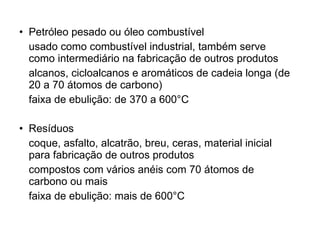 Petróleo pesado ou óleo combustível usado como combustível industrial, também serve como intermediário na fabricação de outros produtos  alcanos, cicloalcanos e aromáticos de cadeia longa (de 20 a 70 átomos de carbono)  faixa de ebulição: de 370 a 600°C  Resíduos coque, asfalto, alcatrão, breu, ceras, material inicial para fabricação de outros produtos  compostos com vários anéis com 70 átomos de carbono ou mais faixa de ebulição: mais de 600°C   