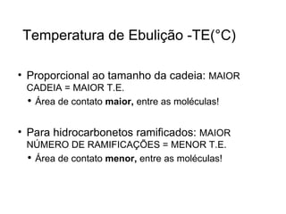   Temperatura de Ebulição -TE(°C) Proporcional ao tamanho da cadeia:  MAIOR CADEIA = MAIOR T.E. Área de contato  maior,  entre as moléculas! Para hidrocarbonetos ramificados:  MAIOR NÚMERO DE RAMIFICAÇÕES = MENOR T.E. Área de contato  menor,  entre as moléculas! 
