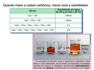 Quando maior a cadeia carbônica, menor será a solubilidade. 