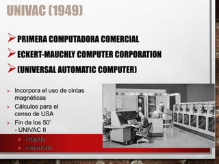 UNIVAC (1949)

PRIMERA COMPUTADORA COMERCIAL
ECKERT-MAUCHLY COMPUTER CORPORATION
(UNIVERSAL AUTOMATIC COMPUTER)




Incorpora el uso de cintas
magnéticas
Cálculos para el
censo de USA
Fin de los 50’
- UNIVAC II
 +rápida
 +memoria

 
