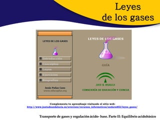 Leyes
                                                        de los gases




                 Complementa tu aprendizaje visitando el sitio web:
http://www.juntadeandalucia.es/averroes/recursos_informaticos/andared02/leyes_gases/



         Transporte de gases y regulación ácido- base. Parte II: Equilibrio acidobásico
 