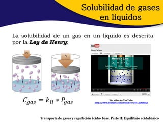 Solubilidad de gases
                                        en líquidos

La solubilidad de un gas en un líquido es descrita
por la Ley de Henry:




    𝐶 𝑔𝑎𝑠 = 𝑘 𝐻 ∗ 𝑃𝑔𝑎𝑠                                  Ver video en YouTube:
                                            http://www.youtube.com/watch?v=18Y_2IAM5qY




         Transporte de gases y regulación ácido- base. Parte II: Equilibrio acidobásico
 