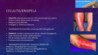 CELULITIS/ERISIPELA
• CELULITIS: Infección de la dermis y TCS caracterizado por edema,
eritema y dolor. Buscar punto de entrada.
• Márgenes poco deﬁnidos.
• Linfangi@s +/- síntomas sistémicos.
• TRATAMIENTO DE ELECCIÓN: Amoxi-Clav 500-125mg/8h/14d.
• ERISIPELA: Celuli@s superﬁcial que afecta a dermis (S.pyogenes)-
• Suele iniciarse por herida, rápida evolución.
• Piel de naranja, elevada y bien deﬁnida.
• Predisponentes inmunosupresión
• TRATAMIENTO DE ELECCIÓN: Amoxicilina 500/8h/10d.
Pediátrica: 50mg/Kg/d (en 3 tomas)/10d.
En alergia a Penicilina: Clindamicina 300mg/8h/10d vo.
Pediátrica: 25-40mg/kg/d (3tomas)/10d.
 