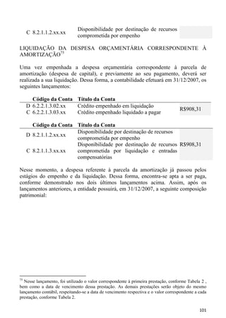 Disponibilidade por destinação de recursos
     C 8.2.1.1.2.xx.xx
                              comprometida por empenho

LIQUIDAÇÃO DA DESPESA ORÇAMENTÁRIA CORRESPONDENTE À
AMORTIZAÇÃO75

Uma vez empenhada a despesa orçamentária correspondente à parcela de
amortização (despesa de capital), e previamente ao seu pagamento, deverá ser
realizada a sua liquidação. Dessa forma, a contabilidade efetuará em 31/12/2007, os
seguintes lançamentos:

       Código da Conta Título da Conta
     D 6.2.2.1.3.02.xx Crédito empenhado em liquidação
                                                                                    R$908,31
     C 6.2.2.1.3.03.xx Crédito empenhado liquidado a pagar

       Código da Conta Título da Conta
                       Disponibilidade por destinação de recursos
     D 8.2.1.1.2.xx.xx
                       comprometida por empenho
                       Disponibilidade por destinação de recursos R$908,31
     C 8.2.1.1.3.xx.xx comprometida por liquidação e entradas
                       compensatórias

Nesse momento, a despesa referente à parcela da amortização já passou pelos
estágios do empenho e da liquidação. Dessa forma, encontra-se apta a ser paga,
conforme demonstrado nos dois últimos lançamentos acima. Assim, após os
lançamentos anteriores, a entidade possuirá, em 31/12/2007, a seguinte composição
patrimonial:




75
  Nesse lançamento, foi utilizado o valor correspondente à primeira prestação, conforme Tabela 2 ,
bem como a data de vencimento dessa prestação. As demais prestações serão objeto do mesmo
lançamento contábil, respeitando-se a data de vencimento respectiva e o valor correspondente a cada
prestação, conforme Tabela 2.

                                                                                               101
 