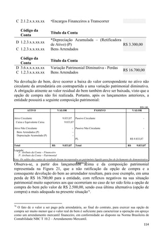 C 2.1.2.x.x.xx.xx              *Encargos       Financeiros a Transcorrer

        Código da
                                 Título da Conta
        Conta
                                 *Depreciação Acumulada – (Retificadora
  D 1.2.3.x.x.xx.xx
                                 de Ativo) (P)                          R$ 3.300,00
  C 1.2.3.x.x.xx.xx              Bens Arrendados

    Código da
                                 Título da Conta
    Conta
  D 3.6.x.x.x.xx.xx              Variação Patrimonial Diminutiva - Perdas
                                                                                                  R$ 16.700,00
  C 1.2.3.x.x.xx.xx              Bens Arrendados

Na devolução do bem, deve ocorrer a baixa do valor correspondente no ativo não
circulante da arrendatária em contrapartida a uma variação patrimonial diminutiva.
A obrigação atinente ao valor residual do bem também deve ser baixada, visto que a
opção de compra não foi realizada. Portanto, após os lançamentos anteriores, a
entidade possuirá a seguinte composição patrimonial:
                                                                                                               R$1,00
            ATIVO                       VALOR                            PASSIVO                           VALOR

Ativo Circulante                            9.833,87 Passivo Circulante                                                -
 Caixa e Equivalente Caixa                    9.833,87

Ativo Não Circulante                                   - Passivo Não Circulante                                        -
  Bens Arrendados (P)                                  -
  Depreciação Acumulada (P)                            -
                                                         PL                                              R$ 9.833,87

Total                             R$        9.833,87     Total                                        R$      9.833,87
Legenda:
   F: Atributo da Conta – Financeiro
   P: Atributo da Conta – Patrimonial
Nota: Os saldos das contas de resultado foram incorporados ao patrimônio líquido para fins de fechamento do demonstrativo
                                                        Figura 21
Observa-se, a partir dos lançamentos acima e da composição patrimonial
representada na Figura 21, que a não ratificação da opção de compra e a
consequente devolução do bem ao arrendador resultam, para esse exemplo, em uma
perda de R$ 16.700,00 para a entidade, com reflexos negativos na sua situação
patrimonial muito superiores aos que ocorreriam no caso de ter sido feita a opção de
compra do bem pelo valor de R$ 2.500,00, sendo essa última alternativa (opção de
compra) a mais adequada na presente situação78.


78
  O fato de o valor a ser pago pela arrendatária, ao final do contrato, para exercer sua opção de
compra ser muito menor que o valor real do bem é suficiente para caracterizar a operação em apreço
como um arrendamento mercantil financeiro, em conformidade ao disposto na Norma Brasileira de
Contabilidade NBC T 10.2 – Arrendamento Mercantil.
                                                                                                                       114
 