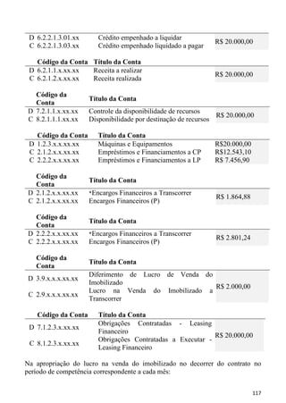 D 6.2.2.1.3.01.xx       Crédito empenhado a liquidar
                                                                R$ 20.000,00
 C 6.2.2.1.3.03.xx       Crédito empenhado liquidado a pagar

   Código da Conta Título da Conta
 D 6.2.1.1.x.xx.xx Receita a realizar
                                                                R$ 20.000,00
 C 6.2.1.2.x.xx.xx Receita realizada

  Código da
                      Título da Conta
  Conta
D 7.2.1.1.x.xx.xx     Controle da disponibilidade de recursos
                                                                 R$ 20.000,00
C 8.2.1.1.1.xx.xx     Disponibilidade por destinação de recursos

   Código da Conta       Título da Conta
 D 1.2.3.x.x.xx.xx       Máquinas e Equipamentos                R$20.000,00
 C 2.1.2.x.x.xx.xx       Empréstimos e Financiamentos a CP      R$12.543,10
 C 2.2.2.x.x.xx.xx       Empréstimos e Financiamentos a LP      R$ 7.456,90

  Código da
                      Título da Conta
  Conta
D 2.1.2.x.x.xx.xx     *Encargos Financeiros a Transcorrer
                                                                R$ 1.864,88
C 2.1.2.x.x.xx.xx     Encargos Financeiros (P)

  Código da
                      Título da Conta
  Conta
D 2.2.2.x.x.xx.xx     *Encargos Financeiros a Transcorrer
                                                                R$ 2.801,24
C 2.2.2.x.x.xx.xx     Encargos Financeiros (P)

   Código da
                      Título da Conta
   Conta
                      Diferimento de Lucro de Venda do
D 3.9.x.x.x.xx.xx
                      Imobilizado
                                                       R$ 2.000,00
                      Lucro na Venda do Imobilizado a
 C 2.9.x.x.x.xx.xx
                      Transcorrer

    Código da Conta      Título da Conta
                         Obrigações Contratadas - Leasing
 D 7.1.2.3.x.xx.xx
                         Financeiro
                                                             R$ 20.000,00
                         Obrigações Contratadas a Executar -
 C 8.1.2.3.x.xx.xx
                         Leasing Financeiro

Na apropriação do lucro na venda do imobilizado no decorrer do contrato no
período de competência correspondente a cada mês:


                                                                              117
 
