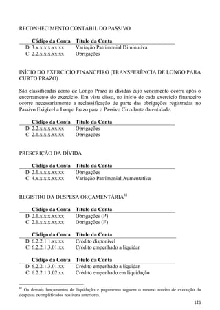 RECONHECIMENTO CONTÁBIL DO PASSIVO

       Código da Conta Título da Conta
     D 3.x.x.x.x.xx.xx Variação Patrimonial Diminutiva
     C 2.2.x.x.x.xx.xx Obrigações


INÍCIO DO EXERCÍCIO FINANCEIRO (TRANSFERÊNCIA DE LONGO PARA
CURTO PRAZO)

São classificadas como de Longo Prazo as dívidas cujo vencimento ocorra após o
encerramento do exercício. Em vista disso, no início de cada exercício financeiro
ocorre necessariamente a reclassificação de parte das obrigações registradas no
Passivo Exigível a Longo Prazo para o Passivo Circulante da entidade.

       Código da Conta Título da Conta
     D 2.2.x.x.x.xx.xx Obrigações
     C 2.1.x.x.x.xx.xx Obrigações


PRESCRIÇÃO DA DÍVIDA

       Código da Conta Título da Conta
     D 2.1.x.x.x.xx.xx Obrigações
     C 4.x.x.x.x.xx.xx Variação Patrimonial Aumentativa


REGISTRO DA DESPESA ORÇAMENTÁRIA81

       Código da Conta Título da Conta
     D 2.1.x.x.x.xx.xx Obrigações (P)
     C 2.1.x.x.x.xx.xx Obrigações (F)

       Código da Conta Título da Conta
     D 6.2.2.1.1.xx.xx Crédito disponível
     C 6.2.2.1.3.01.xx Crédito empenhado a liquidar

       Código da Conta Título da Conta
     D 6.2.2.1.3.01.xx Crédito empenhado a liquidar
     C 6.2.2.1.3.02.xx Crédito empenhado em liquidação

81
  Os demais lançamentos de liquidação e pagamento seguem o mesmo roteiro de execução da
despesas exemplificados nos itens anteriores.
                                                                                   126
 