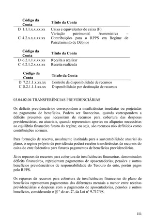 Código da
                        Título da Conta
    Conta
  D 1.1.1.x.x.xx.xx     Caixa e equivalentes de caixa (F)
                        Variação      patrimonial      Aumentativa –
   C 4.2.x.x.x.xx.xx    Contribuições para o RPPS em Regime de
                        Parcelamento de Débitos

    Código da
                        Título da Conta
    Conta
  D 6.2.1.1.x.xx.xx     Receita a realizar
  C 6.2.1.2.x.xx.xx     Receita realizada

     Código da
                         Título da Conta
     Conta
   D 7.2.1.1.x.xx.xx     Controle da disponibilidade de recursos
   C 8.2.1.1.1.xx.xx     Disponibilidade por destinação de recursos


03.04.02.04 TRANSFERÊNCIAS PREVIDENCIÁRIAS

Os déficits previdenciários correspondem a insuficiências imediatas ou projetadas
no pagamento de benefícios. Podem ser financeiros, quando correspondem a
déficits presentes que necessitam de recursos para cobertura das despesas
previdenciárias, ou atuariais, quando representam aportes ou alíquotas necessárias
ao equilíbrio financeiro futuro do regime, ou seja, são recursos não definidos como
contribuições normais.

Para formação de reserva, usualmente instituída para a sustentabilidade atuarial do
plano, o regime próprio de previdência poderá receber transferências de recursos do
caixa do ente federativo para futuros pagamentos de benefícios previdenciários.

Já os repasses de recursos para cobertura de insuficiências financeiras, denominados
déficits financeiros, representam pagamentos de aposentadorias, pensões e outros
benefícios previdenciários de responsabilidade do Tesouro do ente, porém pagos
pelo RPPS.

Os repasses de recursos para cobertura de insuficiências financeiras do plano de
benefícios representam pagamentos das diferenças mensais a menor entre receitas
previdenciárias e despesas com o pagamento de aposentadorias, pensões e outros
benefícios, considerando o §1º do art 2º, da Lei nº 9.717/98.




                                                                                151
 