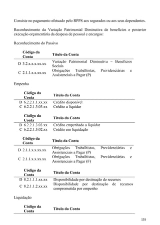 Consiste no pagamento efetuado pelo RPPS aos segurados ou aos seus dependentes.

Reconhecimento da Variação Patrimonial Diminutiva de benefícios e posterior
execução orçamentária da despesa de pessoal e encargos:

Reconhecimento do Passivo

     Código da
                       Título da Conta
     Conta
                       Variação Patrimonial Diminutiva – Benefícios
  D 3.2.x.x.x.xx.xx
                       Sociais
                       Obrigações Trabalhistas, Previdenciárias e
  C 2.1.1.x.x.xx.xx
                       Assistenciais a Pagar (P)

Empenho

     Código da
                       Título da Conta
     Conta
   D 6.2.2.1.1.xx.xx   Crédito disponível
   C 6.2.2.1.3.03.xx   Crédito a liquidar

     Código da
                       Título da Conta
     Conta
   D 6.2.2.1.3.03.xx   Crédito empenhado a liquidar
   C 6.2.2.1.3.02.xx   Crédito em liquidação

     Código da
                       Título da Conta
     Conta
                       Obrigações Trabalhistas,       Previdenciárias   e
  D 2.1.1.x.x.xx.xx
                       Assistenciais a Pagar (P)
                       Obrigações Trabalhistas,       Previdenciárias   e
  C 2.1.1.x.x.xx.xx
                       Assistenciais a Pagar (F)

     Código da
                       Título da Conta
     Conta
   D 8.2.1.1.1.xx.xx   Disponibilidade por destinação de recursos
                       Disponibilidade por destinação de recursos
   C 8.2.1.1.2.xx.xx
                       comprometida por empenho

Liquidação

     Código da
                       Título da Conta
     Conta

                                                                            155
 