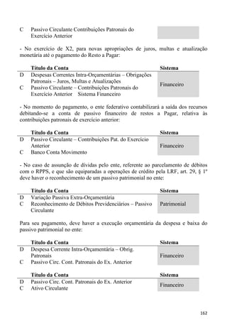 C   Passivo Circulante Contribuições Patronais do
    Exercício Anterior

- No exercício de X2, para novas apropriações de juros, multas e atualização
monetária até o pagamento do Resto a Pagar:

    Título da Conta                                        Sistema
D   Despesas Correntes Intra-Orçamentárias – Obrigações
    Patronais – Juros, Multas e Atualizações
                                                           Financeiro
C   Passivo Circulante – Contribuições Patronais do
    Exercício Anterior Sistema Financeiro

- No momento do pagamento, o ente federativo contabilizará a saída dos recursos
debitando-se a conta de passivo financeiro de restos a Pagar, relativa às
contribuições patronais de exercício anterior:

    Título da Conta                                        Sistema
D   Passivo Circulante – Contribuições Pat. do Exercício
    Anterior                                               Financeiro
C   Banco Conta Movimento

- No caso de assunção de dívidas pelo ente, referente ao parcelamento de débitos
com o RPPS, e que são equiparadas a operações de crédito pela LRF, art. 29, § 1º
deve haver o reconhecimento de um passivo patrimonial no ente:

    Título da Conta                                        Sistema
D   Variação Passiva Extra-Orçamentária
C   Reconhecimento de Débitos Previdenciários – Passivo    Patrimonial
    Circulante

Para seu pagamento, deve haver a execução orçamentária da despesa e baixa do
passivo patrimonial no ente:

    Título da Conta                                        Sistema
D   Despesa Corrente Intra-Orçamentária – Obrig.
    Patronais                                              Financeiro
C   Passivo Circ. Cont. Patronais do Ex. Anterior

    Título da Conta                                        Sistema
D   Passivo Circ. Cont. Patronais do Ex. Anterior
                                                           Financeiro
C   Ativo Circulante



                                                                            162
 