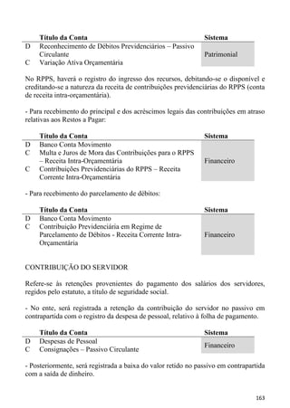 Título da Conta                                           Sistema
D    Reconhecimento de Débitos Previdenciários – Passivo
     Circulante                                                Patrimonial
C    Variação Ativa Orçamentária

No RPPS, haverá o registro do ingresso dos recursos, debitando-se o disponível e
creditando-se a natureza da receita de contribuições previdenciárias do RPPS (conta
de receita intra-orçamentária).

- Para recebimento do principal e dos acréscimos legais das contribuições em atraso
relativas aos Restos a Pagar:

     Título da Conta                                           Sistema
D    Banco Conta Movimento
C    Multa e Juros de Mora das Contribuições para o RPPS
     – Receita Intra-Orçamentária                              Financeiro
C    Contribuições Previdenciárias do RPPS – Receita
     Corrente Intra-Orçamentária

- Para recebimento do parcelamento de débitos:

     Título da Conta                                           Sistema
D    Banco Conta Movimento
C    Contribuição Previdenciária em Regime de
     Parcelamento de Débitos - Receita Corrente Intra-         Financeiro
     Orçamentária


CONTRIBUIÇÃO DO SERVIDOR

Refere-se às retenções provenientes do pagamento dos salários dos servidores,
regidos pelo estatuto, a título de seguridade social.

- No ente, será registrada a retenção da contribuição do servidor no passivo em
contrapartida com o registro da despesa de pessoal, relativo à folha de pagamento.

     Título da Conta                                           Sistema
D    Despesas de Pessoal
                                                               Financeiro
C    Consignações – Passivo Circulante

- Posteriormente, será registrada a baixa do valor retido no passivo em contrapartida
com a saída de dinheiro.


                                                                                 163
 