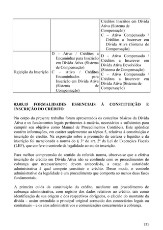 Créditos Inscritos em Dívida
                                                     Ativa (Sistema de
                                                     Compensação)
                                                     C – Ativo Compensado /
                                                        Créditos a Inscrever em
                                                        Dívida Ativa (Sistema de
                                                        Compensação)
                      D – Ativo / Créditos a
                                                     D – Ativo Compensado /
                       Encaminhar para Inscrição
                                                     Créditos a Inscrever em
                       em Dívida Ativa (Sistema
                                                     Dívida Ativa Devolvidos
                       de Compensação)
                                                     (Sistema de Compensação)
Rejeição da Inscrição C – Ativo / Créditos
                                                     C – Ativo Compensado /
                       Encaminhados         para
                                                     Créditos a Inscrever em
                       Inscrição em Dívida Ativa
                                                     Dívida Ativa (Sistema de
                       (Sistema               de
                                                     Compensação)
                       Compensação)


03.05.15 FORMALIDADES              ESSENCIAIS        À    CONSTITUIÇÃO           E
INSCRIÇÃO DO CRÉDITO

No corpo do presente trabalho foram apresentados os conceitos básicos da Dívida
Ativa e os fundamentos legais pertinentes à matéria, necessários e suficientes para
cumprir seu objetivo como Manual de Procedimentos Contábeis. Este apêndice
contém informações, em caráter suplementar ao tópico 5, relativas à constituição e
inscrição do crédito. Na exposição sobre a presunção de certeza e liquidez e da
inscrição foi mencionada a norma do § 3º do art. 2º da Lei de Execuções Fiscais
(LEF), que confere o controle da legalidade ao ato de inscrição.

Para melhor compreensão do sentido da referida norma, observe-se que a efetiva
inscrição do crédito em Dívida Ativa não se confunde com os procedimentos de
cobrança que necessariamente devem antecedê-la, a cargo da autoridade
administrativa à qual compete constituir o crédito. Desse modo, o controle
administrativo da legalidade é um procedimento que comporta ao menos duas fases
fundamentais.

A primeira cuida da constituição do crédito, mediante um procedimento de
cobrança administrativa, com registro dos dados relativos ao crédito, tais como
identificação de sua origem e dos respectivos obrigados, o cálculo do montante da
dívida – assim entendido o principal original acrescido dos consectários legais ou
contratuais – e os atos administrativos e comunicações concernentes à cobrança.



                                                                               221
 