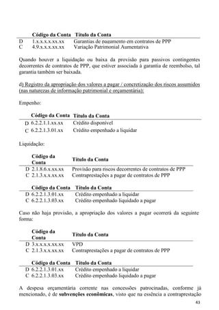 Código da Conta Título da Conta
D      1.x.x.x.x.xx.xx Garantias de pagamento em contratos de PPP
C      4.9.x.x.x.xx.xx Variação Patrimonial Aumentativa

Quando houver a liquidação ou baixa da provisão para passivos contingentes
decorrentes de contratos de PPP, que estiver associada à garantia de reembolso, tal
garantia também ser baixada.

d) Registro da apropriação dos valores a pagar / concretização dos riscos assumidos
(nas naturezas de informação patrimonial e orçamentária):

Empenho:

      Código da Conta Título da Conta
    D 6.2.2.1.1.xx.xx Crédito disponível
    C 6.2.2.1.3.01.xx Crédito empenhado a liquidar

Liquidação:

      Código da
                        Título da Conta
      Conta
    D 2.1.8.6.x.xx.xx   Provisão para riscos decorrentes de contratos de PPP
    C 2.1.3.x.x.xx.xx   Contraprestações a pagar de contratos de PPP

      Código da Conta Título da Conta
    D 6.2.2.1.3.01.xx Crédito empenhado a liquidar
    C 6.2.2.1.3.03.xx Crédito empenhado liquidado a pagar

Caso não haja provisão, a apropriação dos valores a pagar ocorrerá da seguinte
forma:

      Código da
                        Título da Conta
      Conta
    D 3.x.x.x.x.xx.xx   VPD
    C 2.1.3.x.x.xx.xx   Contraprestações a pagar de contratos de PPP

      Código da Conta Título da Conta
    D 6.2.2.1.3.01.xx Crédito empenhado a liquidar
    C 6.2.2.1.3.03.xx Crédito empenhado liquidado a pagar

A despesa orçamentária corrente nas concessões patrocinadas, conforme já
mencionado, é de subvenções econômicas, visto que na essência a contraprestação
                                                                                 43
 