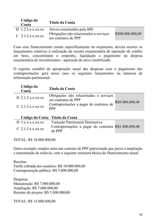 Código da
                      Título da Conta
   Conta
 D 1.2.3.x.x.xx.xx    Ativos constituídos pela SPE
                      Obrigações não relacionadas a serviços   R$90.000.000,00
 C 2.1.2.x.x.xx.xx
                      em contratos de PPP

Caso esse financiamento conste especificamente no orçamento, deverá ocorrer os
lançamentos relativos à realização da receita orçamentária de operação de crédito
em bens, concomitante o empenho, liquidação e pagamento da despesa
orçamentária de investimentos - aquisição do ativo imobilizado.

O registro contábil da apropriação anual das despesas com o pagamento das
contraprestações gera nesse caso os seguintes lançamentos na natureza de
informação patrimonial:

    Código da
                      Título da Conta
    Conta
                      Obrigações não relacionadas a serviços
 D 2.1.2.x.x.xx.xx
                      em contratos de PPP
                                                               R$9.000.000,00
                      Contraprestações a pagar de contratos de
 C 2.1.3.x.x.xx.xx
                      PPP

   Código da Conta Título da Conta
 D 3.x.x.x.x.xx.xx Variação Patrimonial Diminutiva
                   Contraprestações a pagar de contratos R$1.000.000,00
 C 2.1.3.x.x.xx.xx
                   de PPP

TOTAL: R$ 10.000.000,00.

Outro exemplo simples seria um contrato de PPP patrocinada que prevê a ampliação
e manutenção de rodovia, com a seguinte estrutura básica de financiamento anual:

Receitas
Tarifa cobrada dos usuários: R$ 10.000.000,00
Contraprestação pública: R$ 5.000.000,00

Despesas
Manutenção: R$ 7.000.000,00
Ampliação: R$ 7.000.000,00
Retorno do projeto: R$ 1.000.000,00

TOTAL: R$ 15.000.000,00


                                                                               45
 