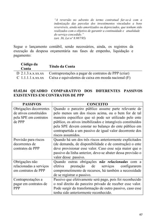 “A reversão no advento do termo contratual far-se-á com a
                             indenização das parcelas dos investimentos vinculados a bens
                             reversíveis, ainda não amortizados ou depreciados, que tenham sido
                             realizados com o objetivo de garantir a continuidade e atualidade
                             do serviço concedido.”
                             (art. 36, Lei nº 8.987/95)

Segue o lançamento contábil, sendo necessários, ainda, os registros da
execução da despesa orçamentária nas fases de empenho, liquidação e
pagamento:

   Código da
                          Título da Conta
   Conta
 D 2.1.3.x.x.xx.xx        Contraprestações a pagar de contratos de PPP (criar)
 C 1.1.1.1.x.xx.xx        Caixa e equivalentes de caixa em moeda nacional (F)


03.02.04 QUADRO COMPARATIVO DOS DIFERENTES PASSIVOS
EXISTENTES EM CONTRATOS DE PPP

      PASSIVOS                                     CONCEITO
Obrigações decorrentes      Quando o parceiro público assume parte relevante de
de ativos constituídos      pelo menos um dos riscos acima, ou o bem for de tal
pela SPE em contratos       maneira específico que só pode ser utilizado pelo ente
de PPP                      público, os ativos imobilizados e intangíveis constituídos
                            pela SPE devem constar no balanço do ente público em
                            contrapartida a um passivo de igual valor decorrente dos
                            riscos assumidos.
Provisão para riscos        Quando há um dos três riscos anteriormente explicitados
decorrentes de              (de demanda, de disponibilidade e de construção) o ente
contratos de PPP            deve provisionar esse valor. Caso esse seja maior que o
                            passivo da linha anterior, deve-se abater dessa provisão o
                            valor desse passivo.
Obrigações não              Quando outras obrigações não relacionadas com a
relacionadas a serviços     efetiva     prestação      de   serviços     configurarem
em contratos de PPP         comprometimento de recursos, há também a necessidade
                            de se registrar o passivo.
Contraprestações a          Passivo que efetivamente será pago, pois foi reconhecido
pagar em contratos de       o real direito do parceiro privado de receber esse valor.
PPP                         Pode surgir da transformação de outro passivo, caso esse
                            tenha sido anteriormente reconhecido.




                                                                                            47
 