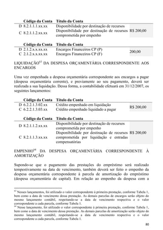Código da Conta Título da Conta
     D 8.2.1.1.1.xx.xx Disponibilidade por destinação de recursos
                       Disponibilidade por destinação de recursos R$ 200,00
     C 8.2.1.1.2.xx.xx
                       comprometida por empenho

       Código da Conta Título da Conta
     D 2.1.2.x.x.xx.xx Encargos Financeiros CP (P)
                                                                                     200,00
     C 2.1.2.x.x.xx.xx Encargos Financeiros CP (F)

LIQUIDAÇÃO63 DA DESPESA ORÇAMENTÁRIA CORRESPONDENTE AOS
ENCARGOS

Uma vez empenhada a despesa orçamentária correspondente aos encargos a pagar
(despesa orçamentária corrente), e previamente ao seu pagamento, deverá ser
realizada a sua liquidação. Dessa forma, a contabilidade efetuará em 31/12/2007, os
seguintes lançamentos:

       Código da Conta Título da Conta
     D 6.2.2.1.3.02.xx Crédito empenhado em liquidação
                                                                                     R$ 200,00
     C 6.2.2.1.3.03.xx Crédito empenhado liquidado a pagar

       Código da Conta Título da Conta
                       Disponibilidade por destinação de recursos
     D 8.2.1.1.2.xx.xx
                       comprometida por empenho
                       Disponibilidade por destinação de recursos R$ 200,00
     C 8.2.1.1.3.xx.xx comprometida por liquidação e entradas
                       compensatórias

EMPENHO64 DA DESPESA ORÇAMENTÁRIA CORRESPONDENTE À
AMORTIZAÇÃO

Supondo-se que o pagamento das prestações do empréstimo será realizado
tempestivamente na data de vencimento, também deverá ser feito o empenho da
despesa orçamentária correspondente à parcela de amortização do empréstimo
(despesa orçamentária de capital). Em relação ao empenho da despesa com a

63
   Nesses lançamentos, foi utilizado o valor correspondente à primeira prestação, conforme Tabela 1,
bem como a data de vencimento dessa prestação. As demais parcelas de encargos serão objeto do
mesmo lançamento contábil, respeitando-se a data de vencimento respectiva e o valor
correspondente a cada parcela, conforme Tabela 1.
64
   Nesse lançamento, foi utilizado o valor correspondente à primeira prestação, conforme Tabela 1,
bem como a data de vencimento dessa prestação. As demais parcelas de amortização serão objeto do
mesmo lançamento contábil, respeitando-se a data de vencimento respectiva e o valor
correspondente a cada parcela, conforme Tabela 1.
                                                                                                 80
 