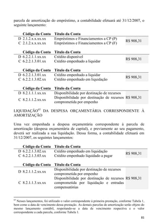 parcela de amortização do empréstimo, a contabilidade efetuará até 31/12/2007, o
seguinte lançamento:

       Código da Conta Título da Conta
     D 2.1.2.x.x.xx.xx Empréstimos e Financiamentos a CP (P)
                                                                                    R$ 908,31
     C 2.1.2.x.x.xx.xx Empréstimos e Financiamentos a CP (F)

       Código da Conta Título da Conta
     D 6.2.2.1.1.xx.xx Crédito disponível
                                                                                    R$ 908,31
     C 6.2.2.1.3.01.xx Crédito empenhado a liquidar

       Código da Conta Título da Conta
     D 6.2.2.1.3.01.xx Crédito empenhado a liquidar
                                                                                    R$ 908,31
     C 6.2.2.1.3.02.xx Crédito empenhado em liquidação

       Código da Conta Título da Conta
     D 8.2.1.1.1.xx.xx Disponibilidade por destinação de recursos
                       Disponibilidade por destinação de recursos R$ 908,31
     C 8.2.1.1.2.xx.xx
                       comprometida por empenho

LIQUIDAÇÃO65 DA DESPESA ORÇAMENTÁRIA CORRESPONDENTE À
AMORTIZAÇÃO

Uma vez empenhada a despesa orçamentária correspondente à parcela de
amortização (despesa orçamentária de capital), e previamente ao seu pagamento,
deverá ser realizada a sua liquidação. Dessa forma, a contabilidade efetuará em
31/12/2007, os seguintes lançamentos:

       Código da Conta Título da Conta
     D 6.2.2.1.3.02.xx Crédito empenhado em liquidação
                                                                                    R$ 908,31
     C 6.2.2.1.3.03.xx Crédito empenhado liquidado a pagar

       Código da Conta Título da Conta
                       Disponibilidade por destinação de recursos
     D 8.2.1.1.2.xx.xx
                       comprometida por empenho
                       Disponibilidade por destinação de recursos R$ 908,31
     C 8.2.1.1.3.xx.xx comprometida por liquidação e entradas
                       compensatórias


65
  Nesses lançamentos, foi utilizado o valor correspondente à primeira prestação, conforme Tabela 1,
bem como a data de vencimento dessa prestação. As demais parcelas de amortização serão objeto do
mesmo lançamento contábil, respeitando-se a data de vencimento respectiva e o valor
correspondente a cada parcela, conforme Tabela 1.
                                                                                                81
 