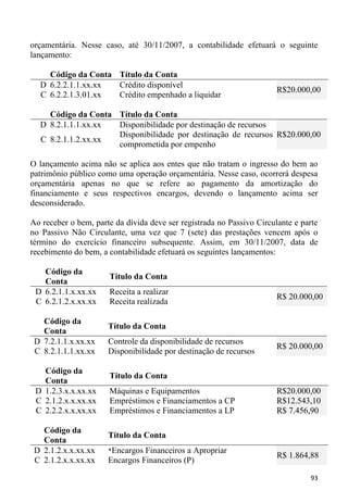 orçamentária. Nesse caso, até 30/11/2007, a contabilidade efetuará o seguinte
lançamento:

    Código da Conta Título da Conta
  D 6.2.2.1.1.xx.xx Crédito disponível
                                                                       R$20.000,00
  C 6.2.2.1.3.01.xx Crédito empenhado a liquidar

    Código da Conta Título da Conta
  D 8.2.1.1.1.xx.xx Disponibilidade por destinação de recursos
                    Disponibilidade por destinação de recursos R$20.000,00
  C 8.2.1.1.2.xx.xx
                    comprometida por empenho

O lançamento acima não se aplica aos entes que não tratam o ingresso do bem ao
patrimônio público como uma operação orçamentária. Nesse caso, ocorrerá despesa
orçamentária apenas no que se refere ao pagamento da amortização do
financiamento e seus respectivos encargos, devendo o lançamento acima ser
desconsiderado.

Ao receber o bem, parte da dívida deve ser registrada no Passivo Circulante e parte
no Passivo Não Circulante, uma vez que 7 (sete) das prestações vencem após o
término do exercício financeiro subsequente. Assim, em 30/11/2007, data de
recebimento do bem, a contabilidade efetuará os seguintes lançamentos:

   Código da
                      Título da Conta
   Conta
 D 6.2.1.1.x.xx.xx    Receita a realizar
                                                                       R$ 20.000,00
 C 6.2.1.2.x.xx.xx    Receita realizada

   Código da
                      Título da Conta
   Conta
 D 7.2.1.1.x.xx.xx    Controle da disponibilidade de recursos
                                                                       R$ 20.000,00
 C 8.2.1.1.1.xx.xx    Disponibilidade por destinação de recursos

   Código da
                      Título da Conta
   Conta
 D 1.2.3.x.x.xx.xx    Máquinas e Equipamentos                          R$20.000,00
 C 2.1.2.x.x.xx.xx    Empréstimos e Financiamentos a CP                R$12.543,10
 C 2.2.2.x.x.xx.xx    Empréstimos e Financiamentos a LP                R$ 7.456,90

   Código da
                      Título da Conta
   Conta
 D 2.1.2.x.x.xx.xx    *Encargos Financeiros a Apropriar
                                                                       R$ 1.864,88
 C 2.1.2.x.x.xx.xx    Encargos Financeiros (P)

                                                                                93
 