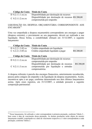 Código da Conta Título da Conta
     D 8.2.1.1.1.xx.xx Disponibilidade por destinação de recursos
                       Disponibilidade por destinação de recursos R$ 200,00
     C 8.2.1.1.2.xx.xx
                       comprometida por empenho

LIQUIDAÇÃO DA DESPESA ORÇAMENTÁRIA CORRESPONDENTE AOS
ENCARGOS73

Uma vez empenhada a despesa orçamentária correspondente aos encargos a pagar
(despesa corrente), e previamente ao seu pagamento, deverá ser realizada a sua
liquidação. Dessa forma, a contabilidade efetuará em 31/12/2007, o seguinte
lançamento:

       Código da Conta Título da Conta
     D 6.2.2.1.3.02.xx Crédito empenhado em liquidação
     C 6.2.2.1.3.03.xx Crédito empenhado liquidado a pagar                          R$ 200,00

       Código da Conta Título da Conta
                       Disponibilidade por destinação de recursos
     D 8.2.1.1.2.xx.xx
                       comprometida por empenho
                       Disponibilidade por destinação de recursos                      R$ 200,00
     C 8.2.1.1.3.xx.xx comprometida por liquidação e entradas
                       compensatórias

A despesa referente à parcela dos encargos financeiros, anteriormente reconhecida,
passou pelos estágios do empenho e da liquidação da despesa orçamentária. Assim,
encontra-se apta a ser paga, conforme demonstrado nos dois últimos lançamentos
acima. Após esses registros, em 31/12/2007, a entidade possuirá a seguinte
composição patrimonial:




73
  Nesse lançamento, foi utilizado o valor correspondente à primeira prestação, conforme Tabela 2 ,
bem como a data de vencimento dessa prestação. As demais prestações serão objeto do mesmo
lançamento contábil, respeitando-se a data de vencimento respectiva e o valor correspondente a cada
prestação, conforme Tabela 2.

                                                                                                99
 
